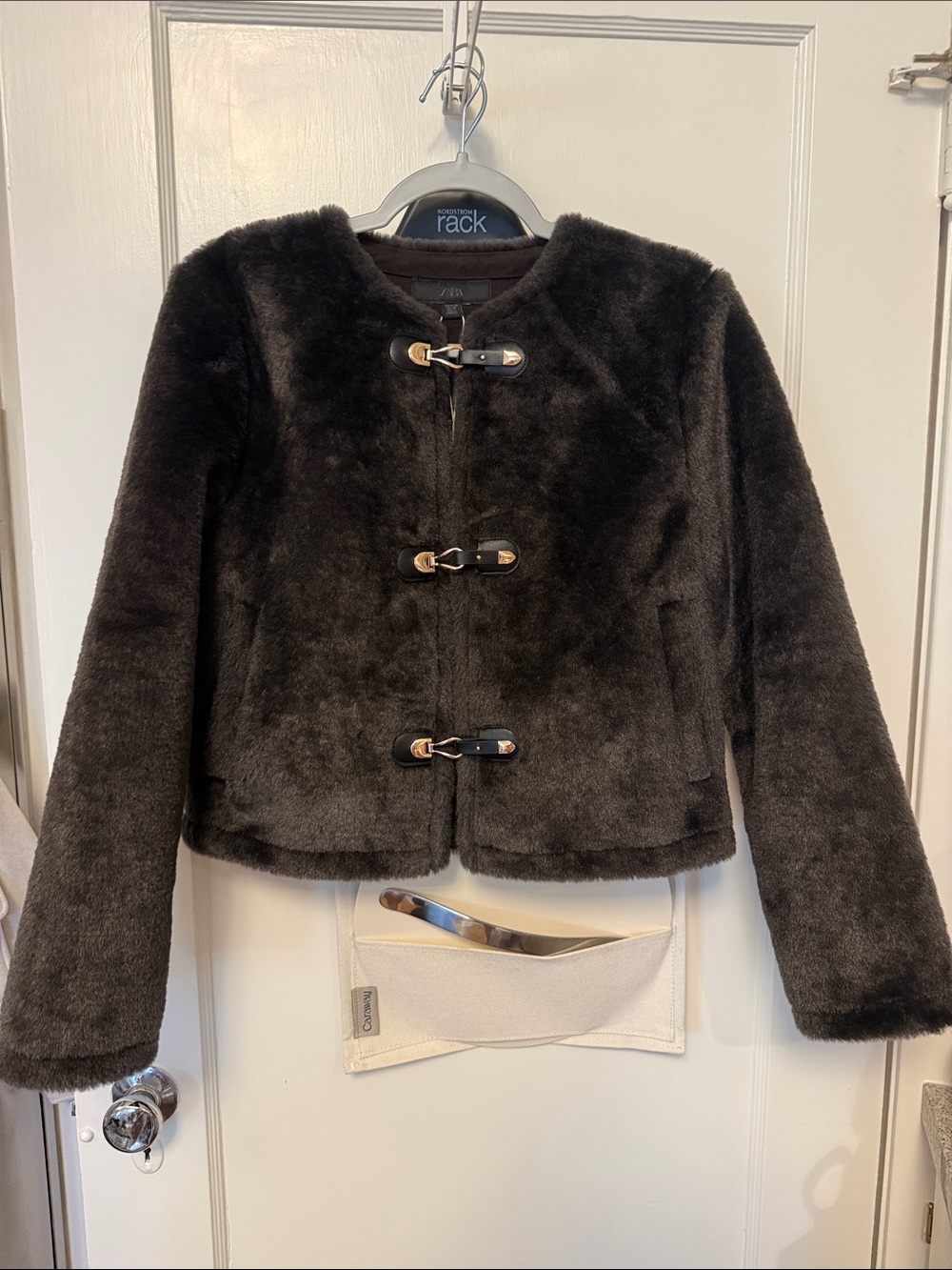 Zara Girls Black Faux-Fur Pea Coat with Toggle Closures